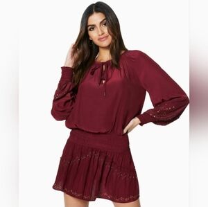 RAMY BROOK M burgandy long sleeve studded elastic waist mini dress